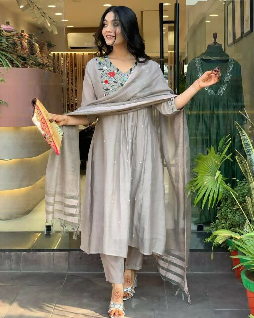 The52 Grey Women's Gorgeous Chinon Viscose Fabric Embroidered Work Straight Kurta Pant and Dupatta Set - Distacart