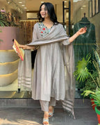 The52 Grey Women's Gorgeous Chinon Viscose Fabric Embroidered Work Straight Kurta Pant and Dupatta Set - Distacart