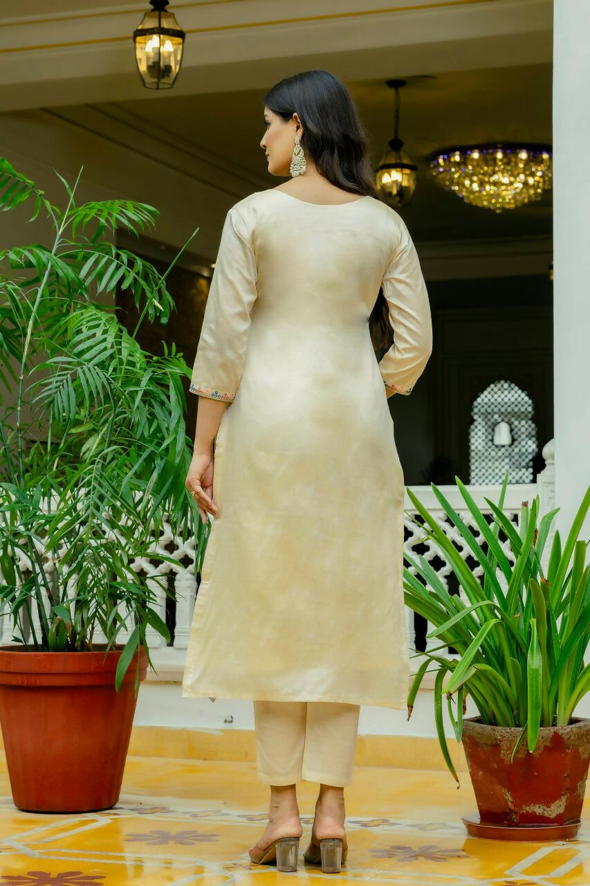 The52 Chiku Women's Beautiful Thread Work Viscose Assam Silk Fabric with Straight Kurta, Pant and Dupatta Set - Distacart
