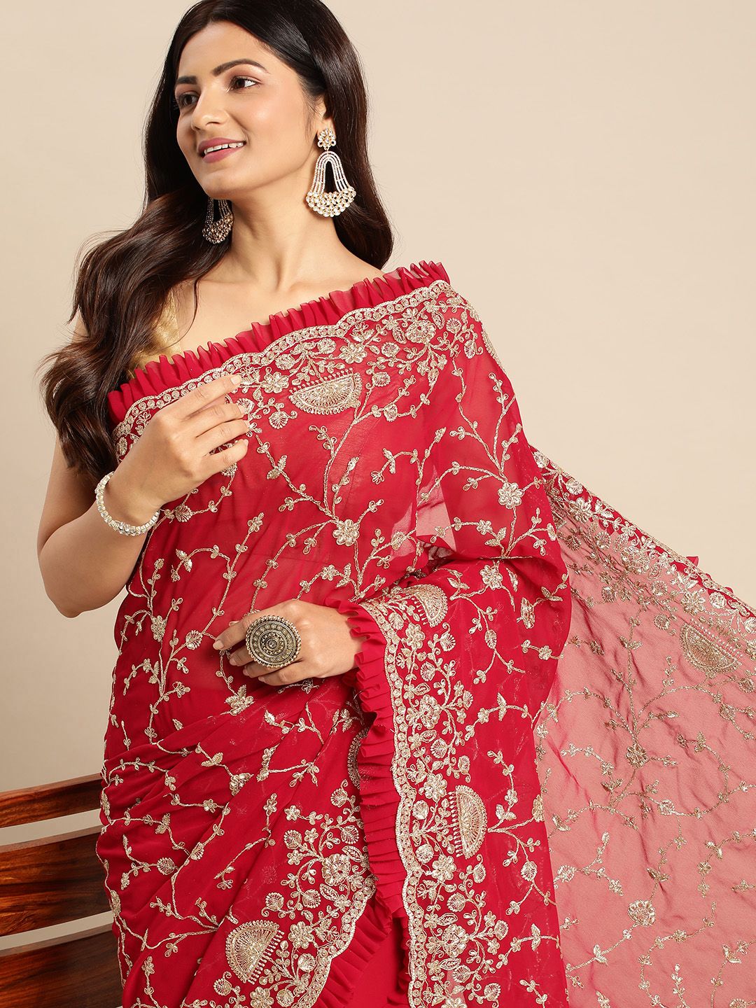 kasee Floral Zari Pure Georgette Saree - Distacart