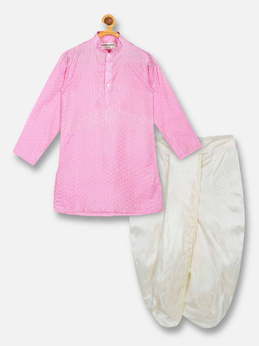 Sethukrishna Boys Pink & White Solid Shirt with Veshti Set