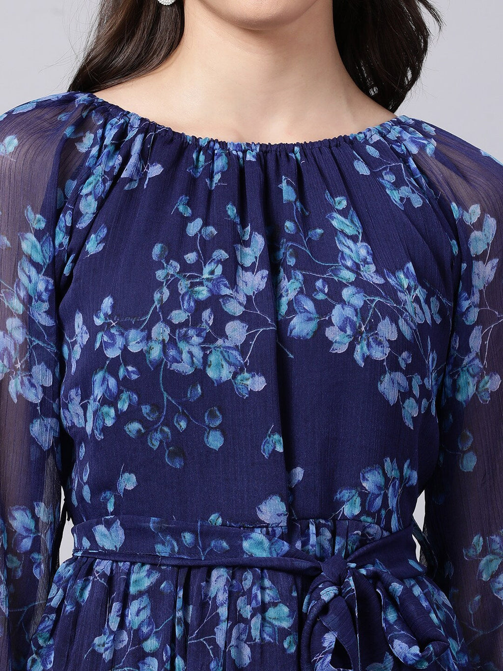 Souchii Navy Blue Floral Layered Chiffon A-Line Midi Dress - Distacart