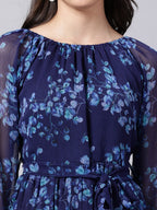 Souchii Navy Blue Floral Layered Chiffon A-Line Midi Dress - Distacart