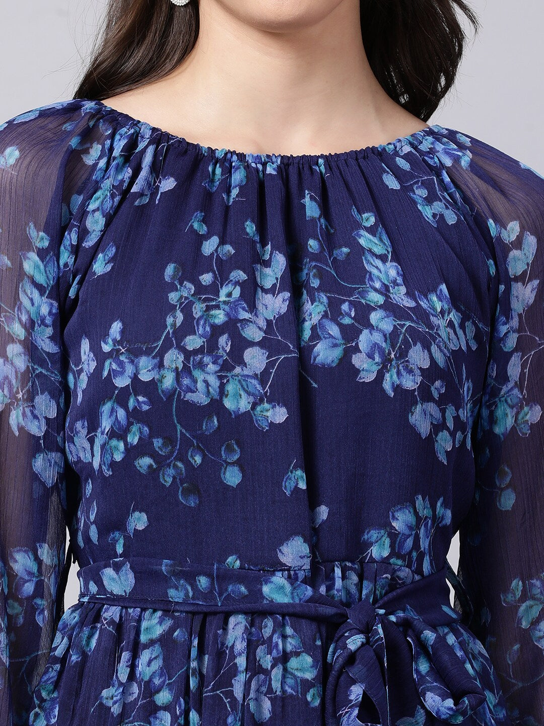 Souchii Navy Blue Floral Layered Chiffon A-Line Midi Dress - Distacart