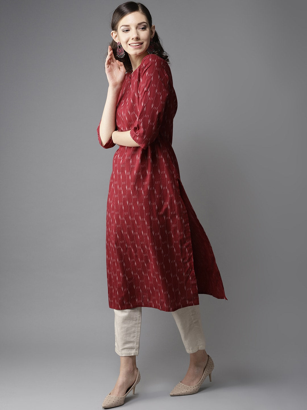 HERE&NOW Women Maroon & Off-White Printed Straight Kurta