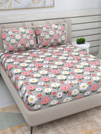 DREAM WEAVERZ Silver & Pink Pure Cotton Floral Queen Bedsheet with 2 Pillow Covers