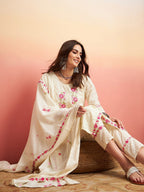 Sangria Pure Cotton Floral Embroidered Straight Kurta With Trousers & Dupatta