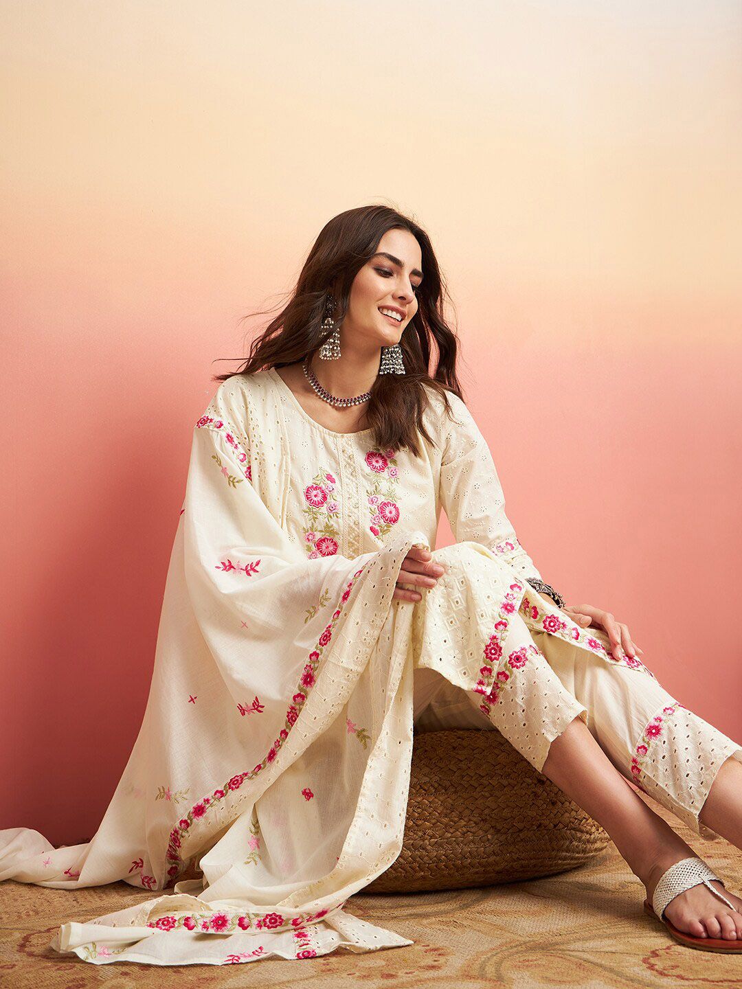 Sangria Pure Cotton Floral Embroidered Straight Kurta With Trousers & Dupatta