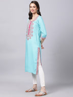 Souchii Women Blue & Pink Embroidered Round Neck Straight Kurta - Distacart