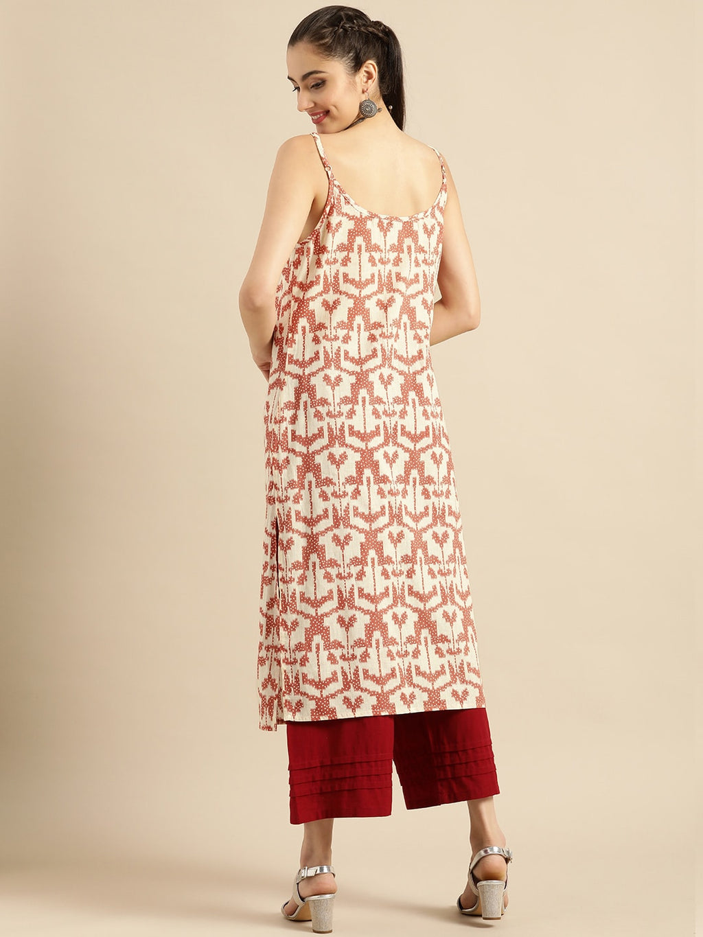 Sangria Women White & Rust Red Printed Cotton Kurta