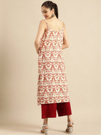 Sangria Women White & Rust Red Printed Cotton Kurta