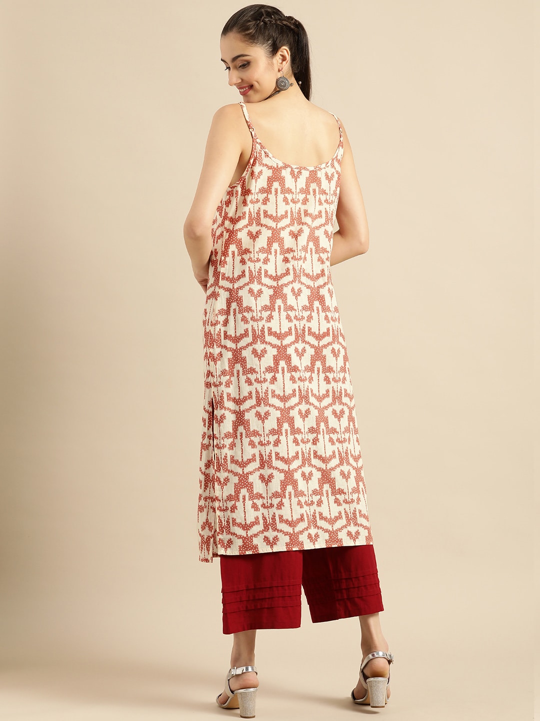 Sangria Women White & Rust Red Printed Cotton Kurta