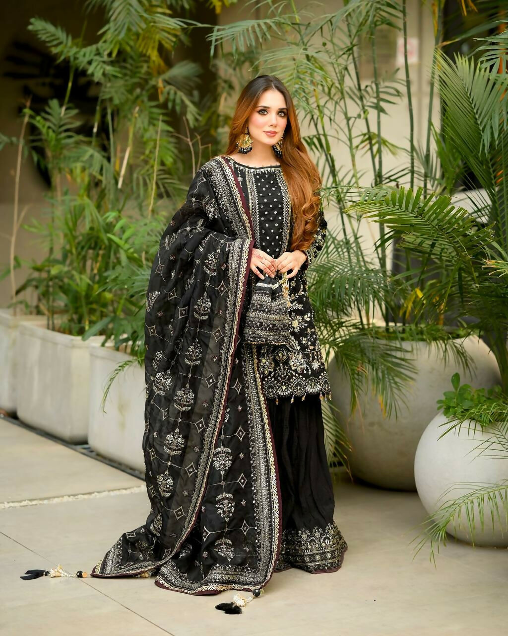 Teeya Creation Black Faux georgette Designer heavy work Wedding Wear Palazzo pair - Distacart