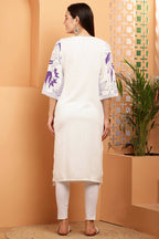 Cheera Women Stylish Hand Block Printed Cotton Blend Flared Kurta - Off White