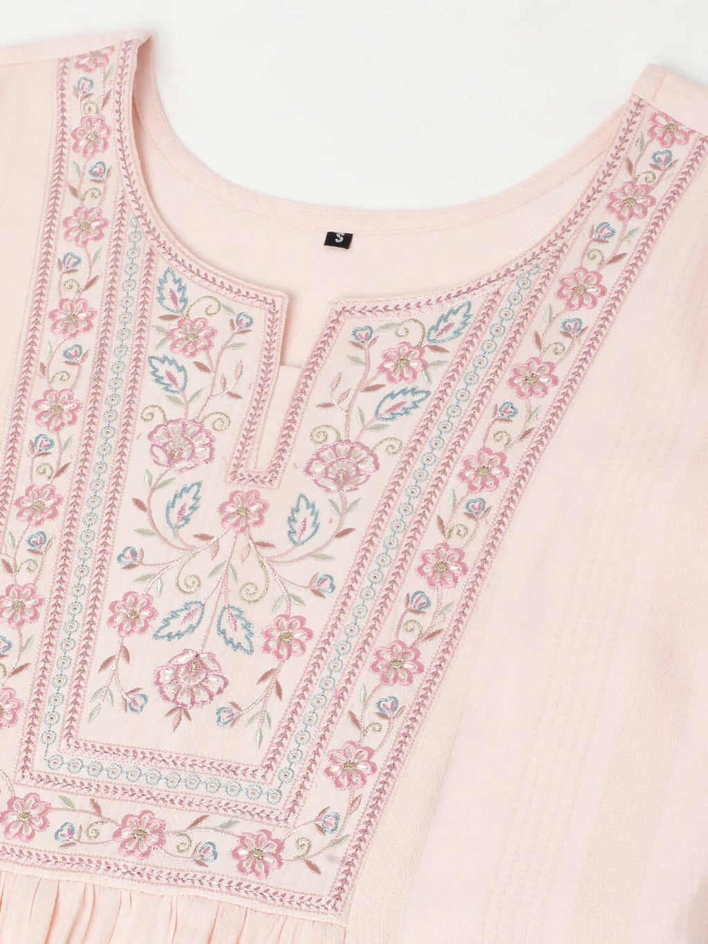 Peach Viscose Rayon Yoke Embroidered A-line Top - Tarini