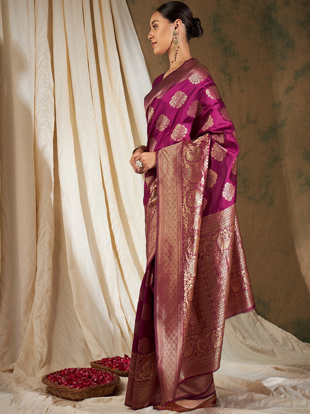 Sangria Burgundy & Gold-Toned Ethnic Motifs Woven Design Zari Silk Blend Banarasi Saree - Distacart