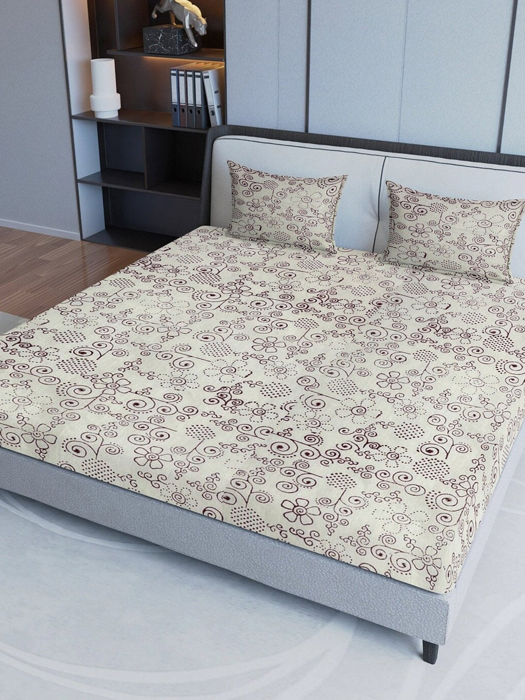 Sangria Maroon & Grey Ethnic Motif Printed 200TC Pure Cotton King Bedsheet Set