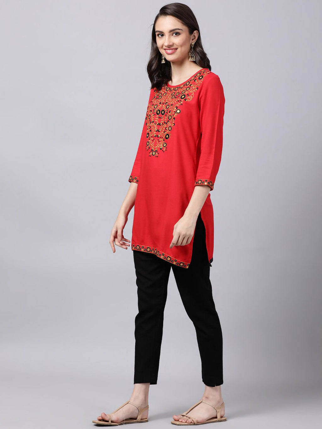 Souchii Women Red Yoke Design Thread Work Grandeur & Majestic Artwork Kurta - Distacart