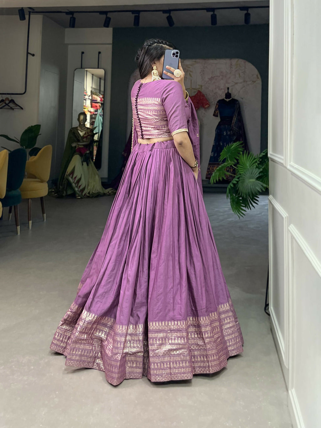 Lorenvalley Lavender Pure Chanderi Plain With Zari Weaving Work Border Lehenga Choli