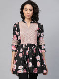 Ahalyaa Women Black Rayon Floral Print Tunic