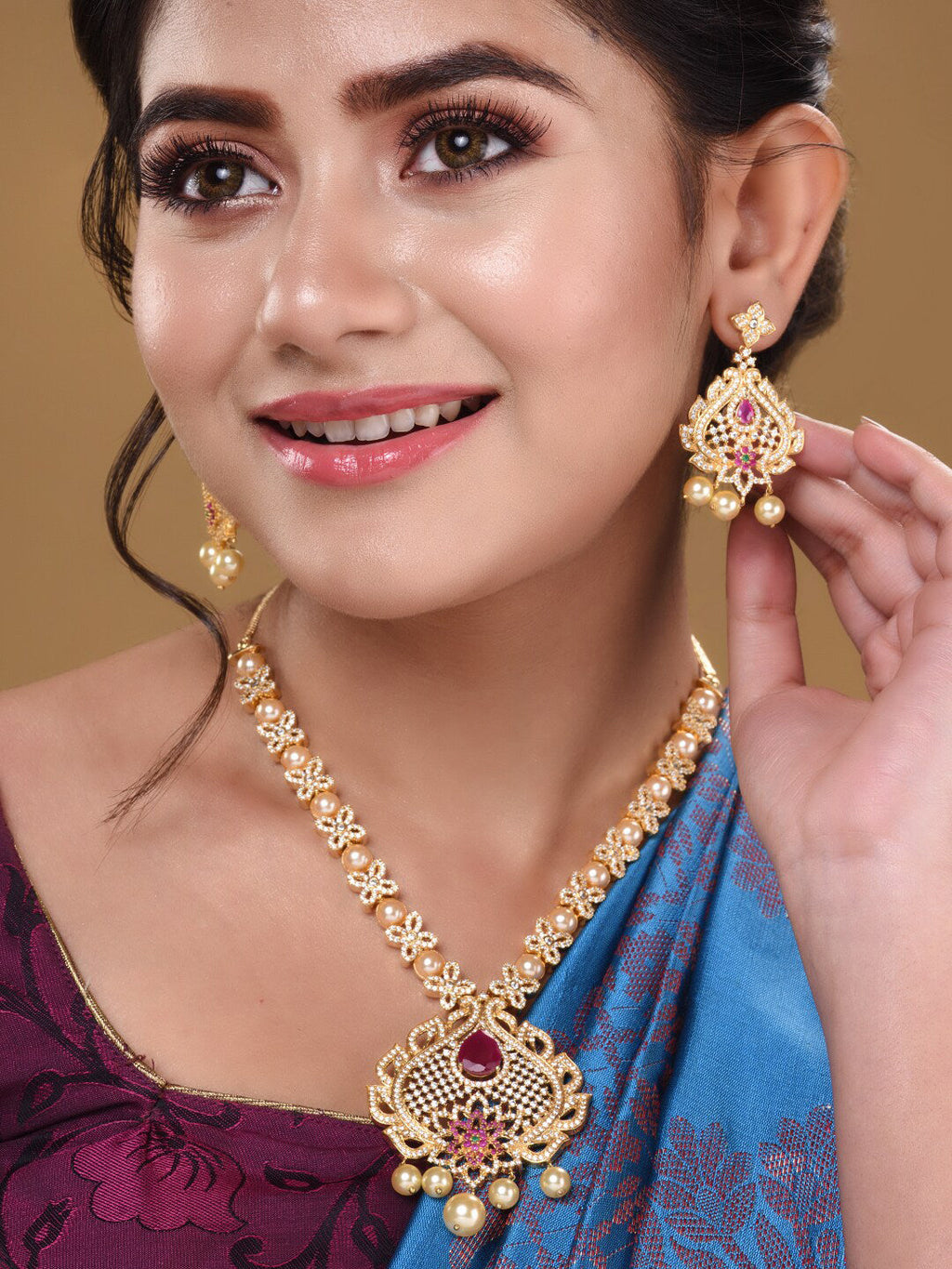 Saraf RS Jewellery Gold-Plated White & Pink American Diamond Studded & Beaded Handcrafted Jewellery Set - Distacart
