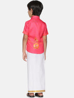 Sethukrishna Boys Pink & White Printed Shirt With Pure Cotton Dhoti Pants