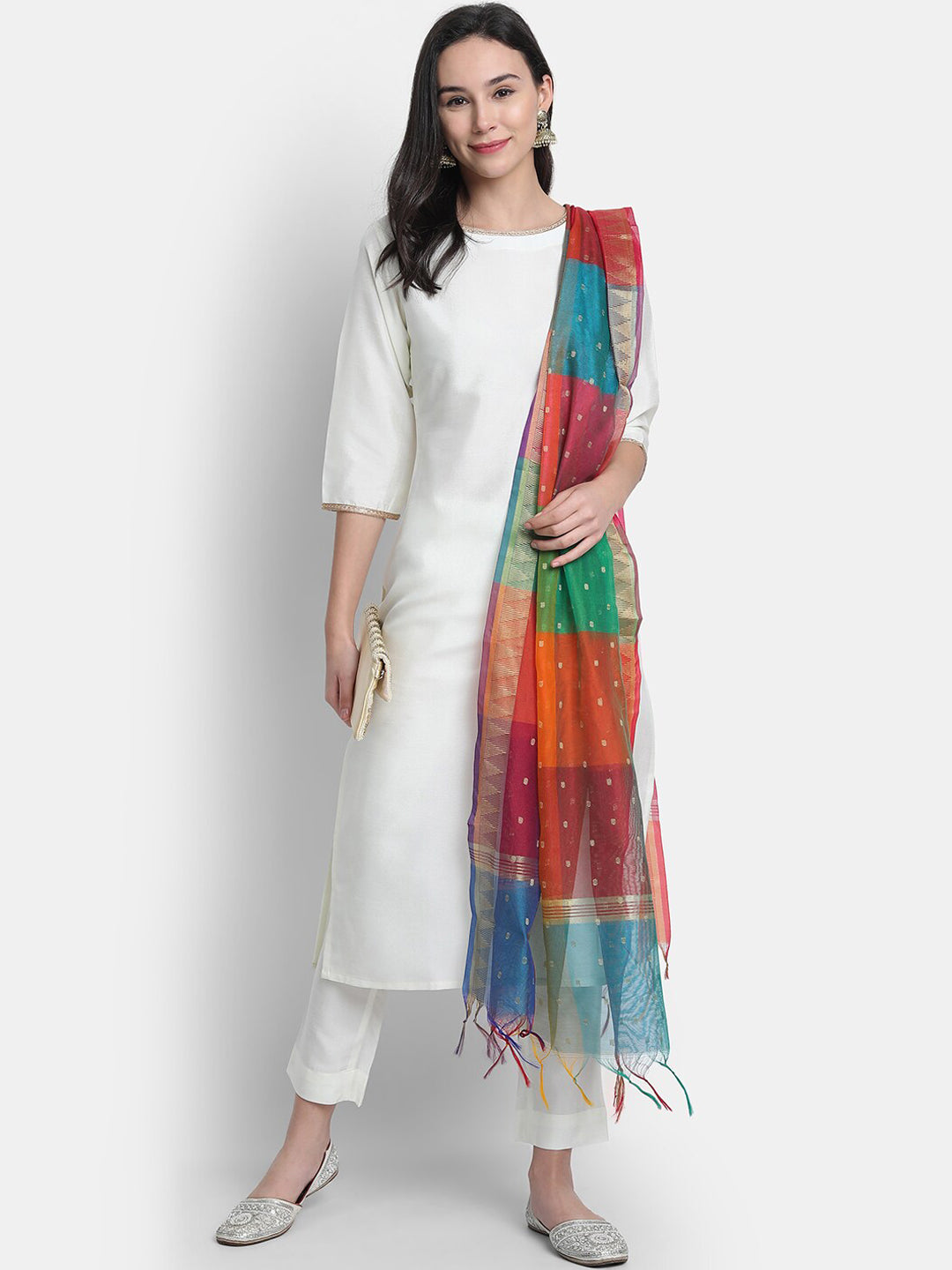 Janasya White Solid Kurta with Trousers & Dupatta - Distacart