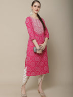 Sangria Women Pink & White Bandhani Printed Thread Work Kurta