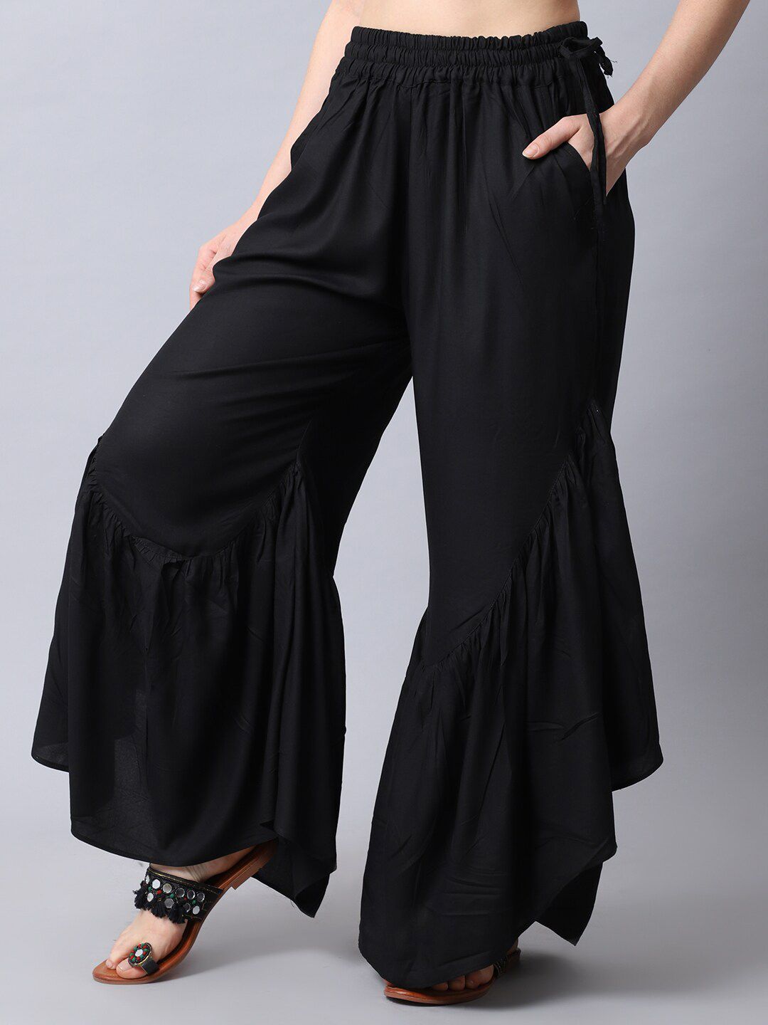 TAG 7 Women Black Flared Ethnic Palazzos