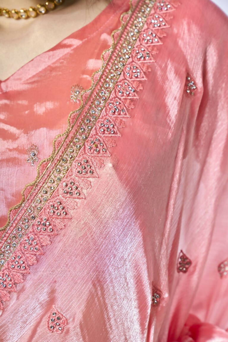 Coral Burburry silk Designer Embroidery Work Saree - Shezlin