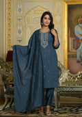 Juniper Women's Grey Thread & Zari Embroidered Viscose Kurta Pant And Dupatta Set