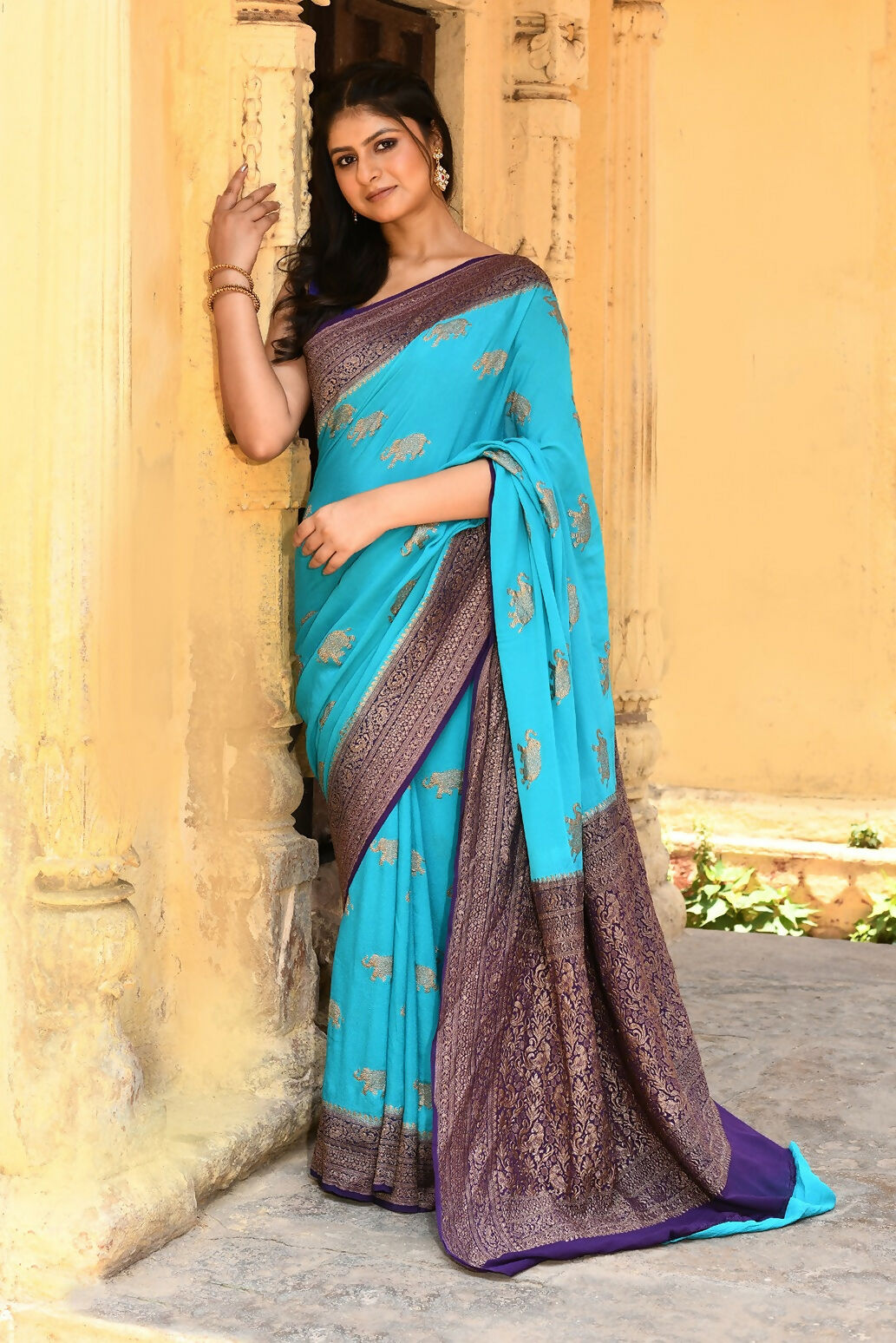 Joban Fashion Sky Blue Crepe Chiffon Pure Handloom Banarasi Silk Saree