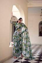 Vastranavya Green Weightless Marble Printed & Pearl Lace Border Saree with Unstitched Blouse