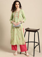 Sangria Women Green Floral Printed Thread Work Floral Kurta
