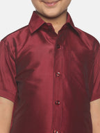 Sethukrishna Maroon & & White Pure Cotton Solid Shirt Veshti Set For Boys