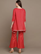 HERE&NOW Embroidered Ethnic Motifs Printed Mirror Work Asymmetric Kurti with Palazzos