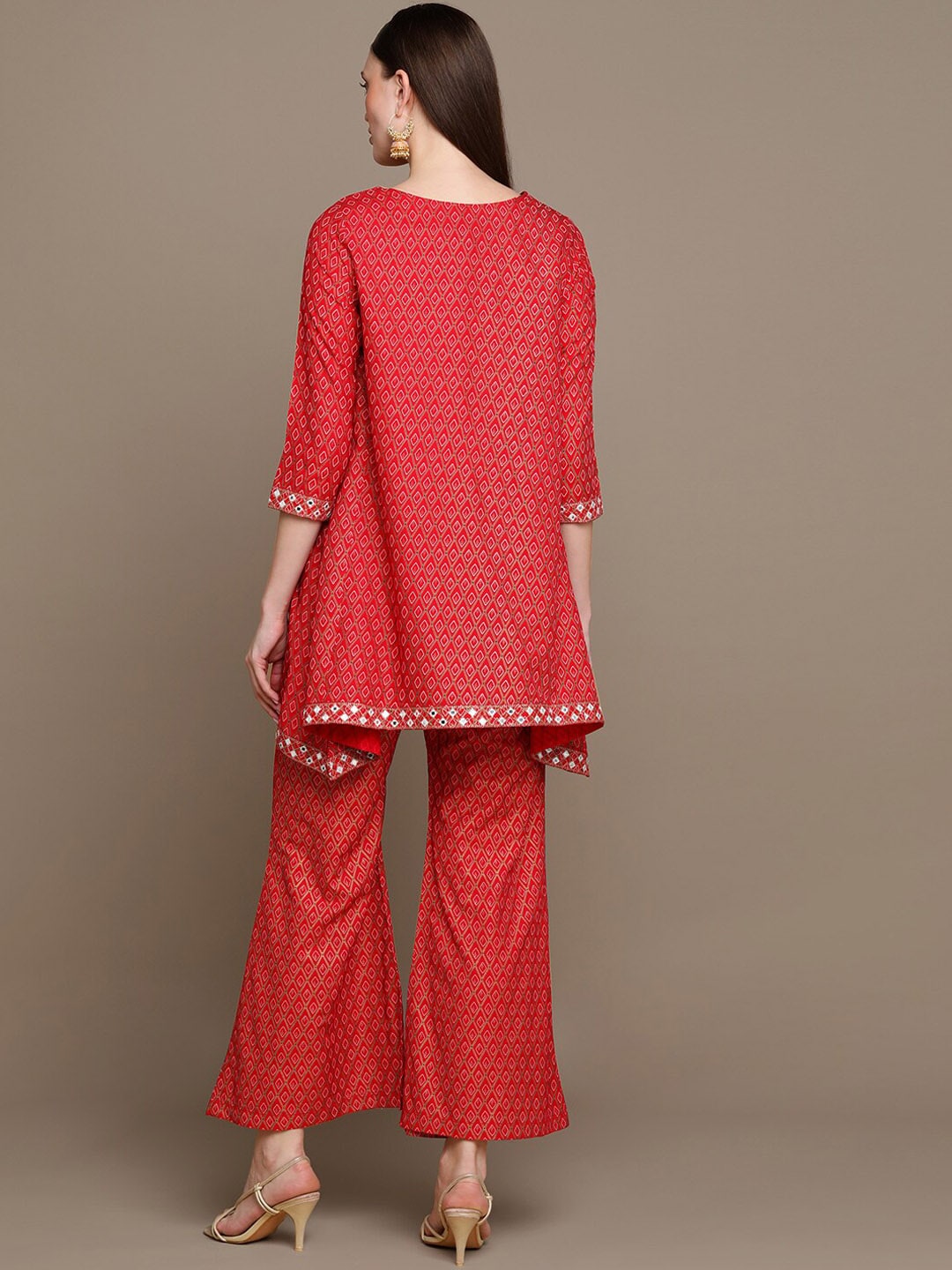 HERE&NOW Embroidered Ethnic Motifs Printed Mirror Work Asymmetric Kurti with Palazzos