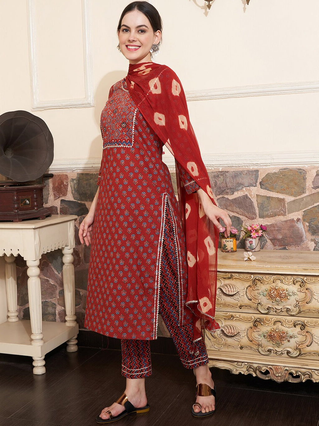 Sangria Maroon Ethnic Motifs Printed Mirror Work Pure Cotton Kurta with Trousers & Dupatta