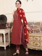 Sangria Maroon Ethnic Motifs Printed Mirror Work Pure Cotton Kurta with Trousers & Dupatta