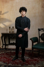 Falling Raw Silk Black Kajal Phool Kurta Set By Hilo Design