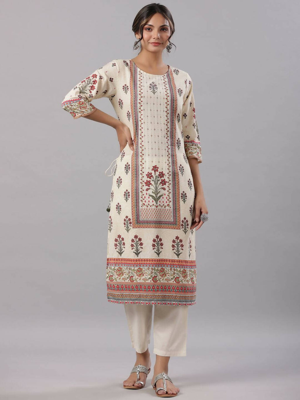 Juniper Women's Beige Cambric Floral Placement Printed Straight Fit Kurta Sets - Distacart