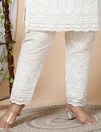 Miravan Women's Plus Size Beige Chikankari Thread Work Kurti With Palazzo