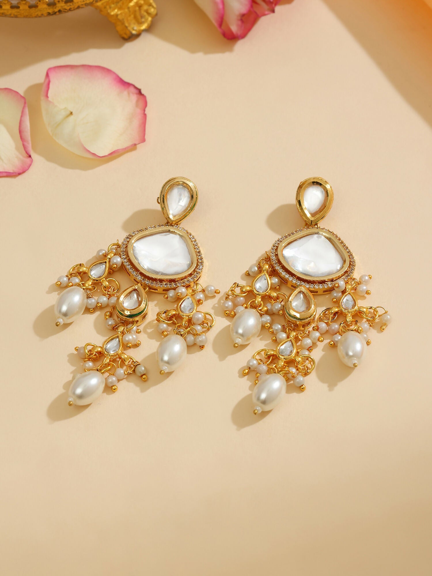 Ruby Raang 22k Gold Polished Kundan Earrings With Pearls - Distacart