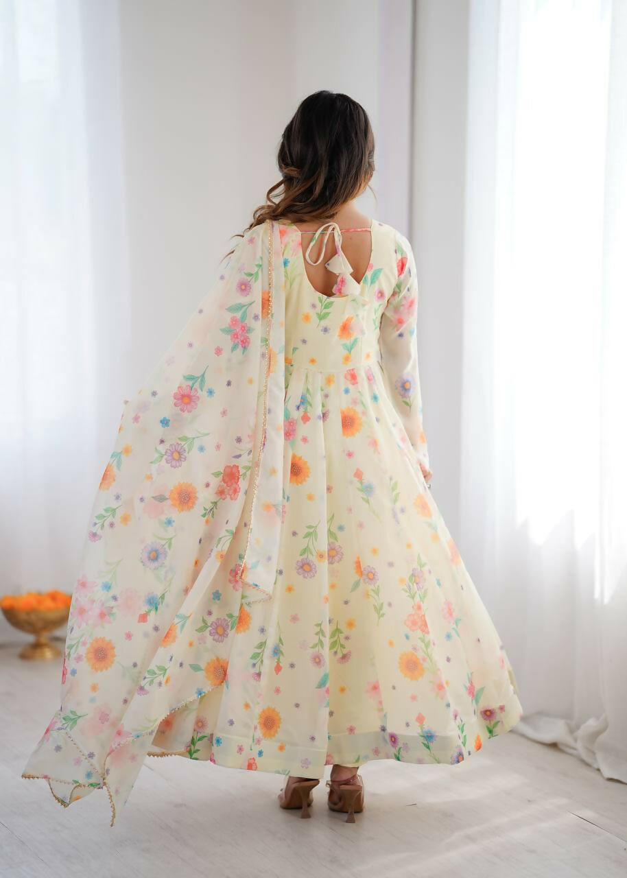 Teeya Creation Off White Soft Organza Digital Printed Party Wear Long Gown - Distacart