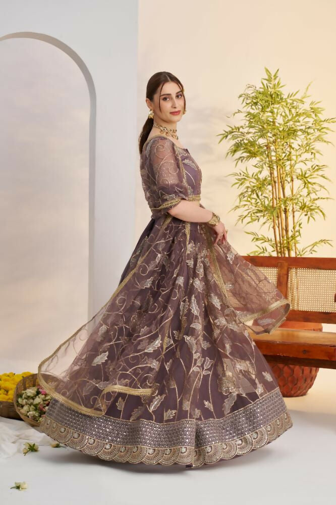 Aastha Fashion Dark Onion Butterfly Net Zari Work And Cotton Thread Work And Sequence Work Embroidery Wedding Wear Lehenga Choli