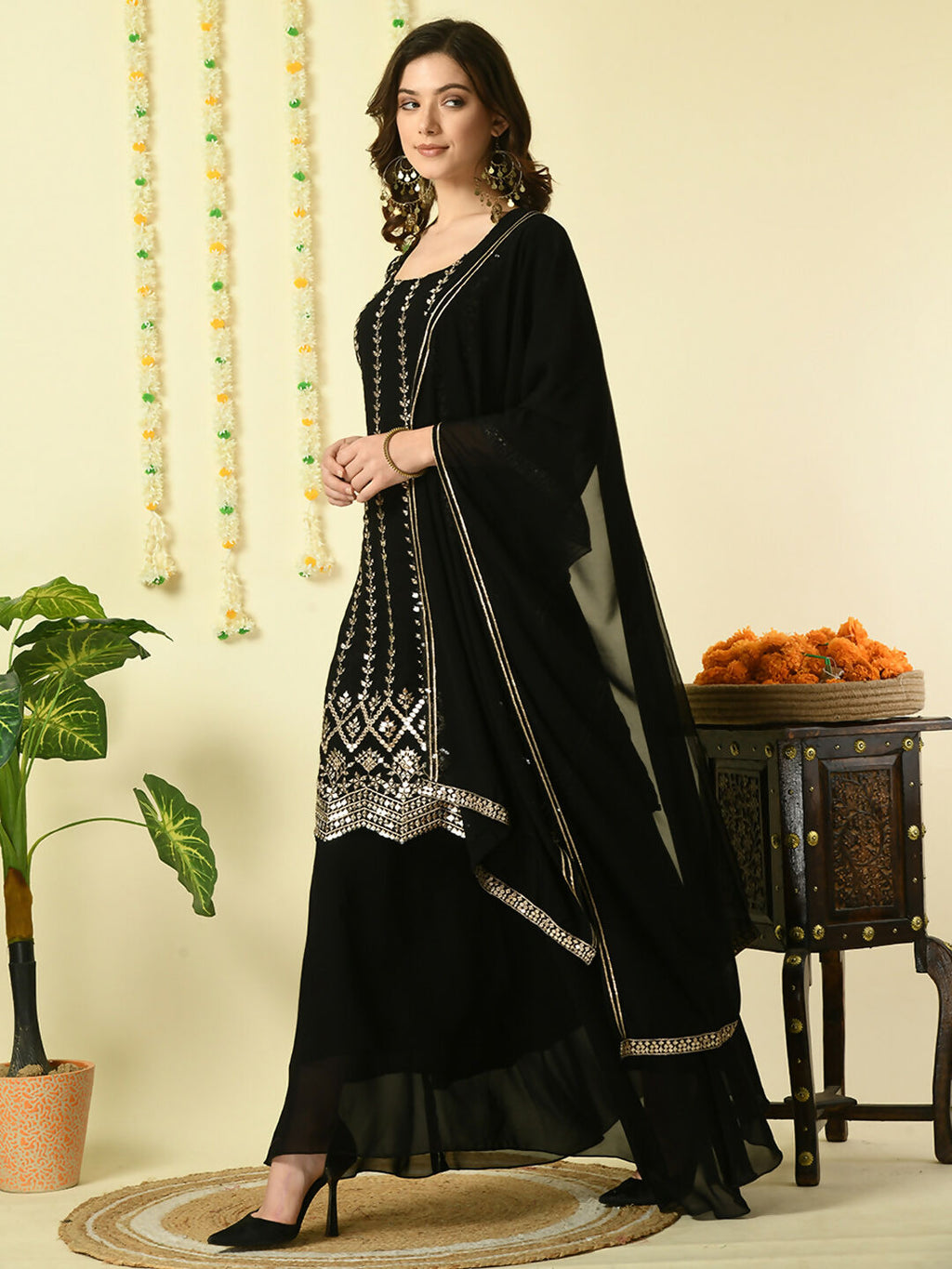 Myshka Women's Black Georgette Kurta & Skirt With Dupatta Party Sets