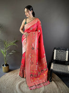 Joban Fashion Peach Elephant & Floral Motifs Soft Lichi Silk Banarasi Saree - Distacart