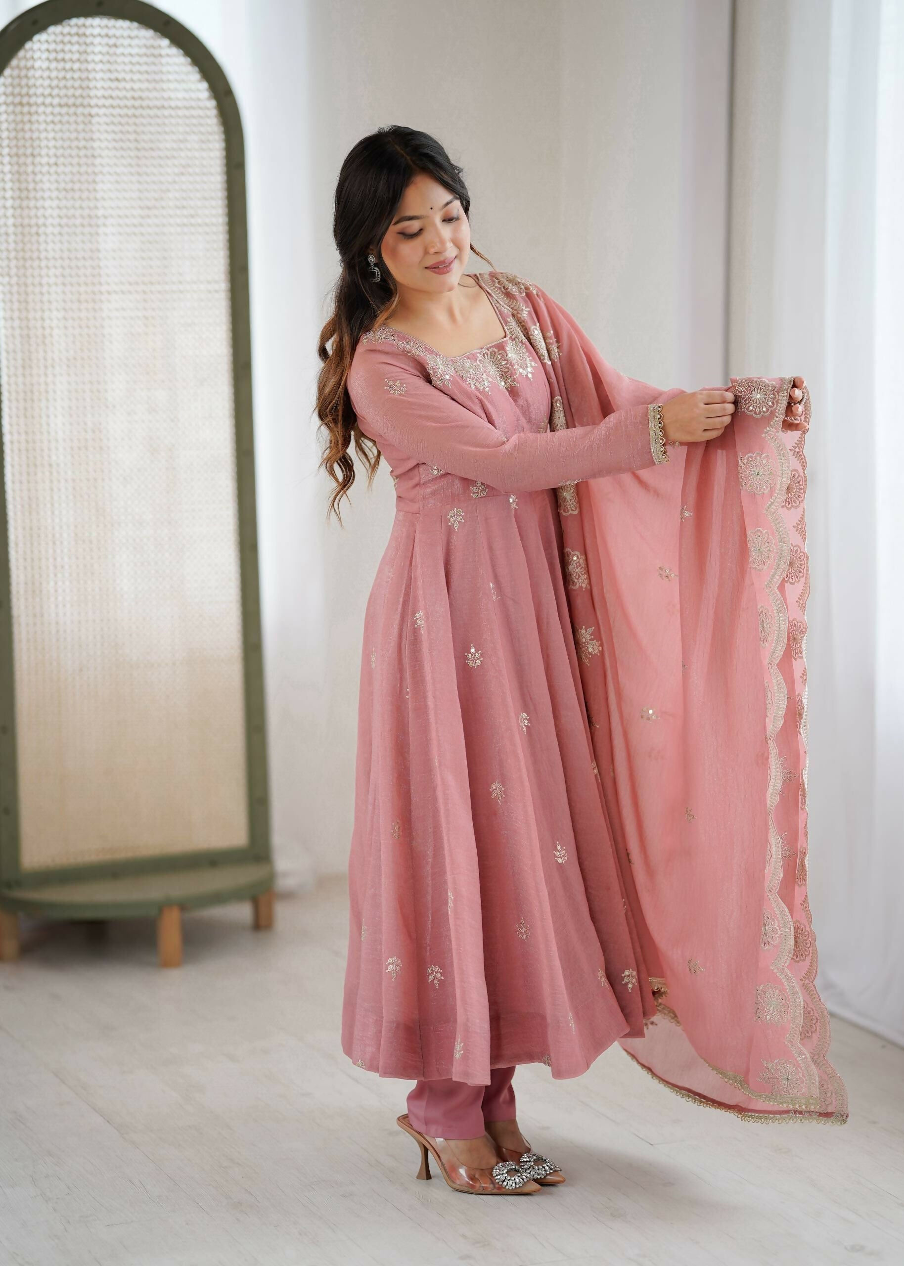 Teeya Creation Peach Color Crunchy Silk Embroidery Work Wedding Wear Gown - Distacart