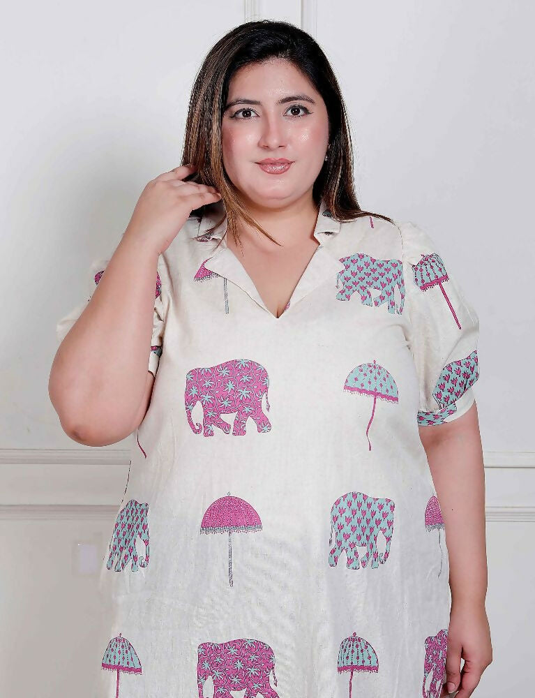Miravan Plus Size Womens Flex Cotton Short Sleeve Off White Animal Print A-Line Maxi Dress
