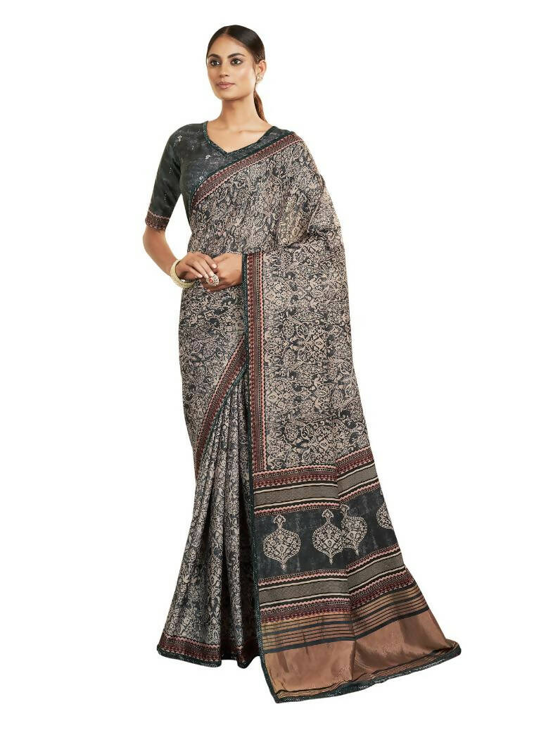 Grey Gajji Silk Paisley Print with Hand work Border Saree - Norita Nirvi